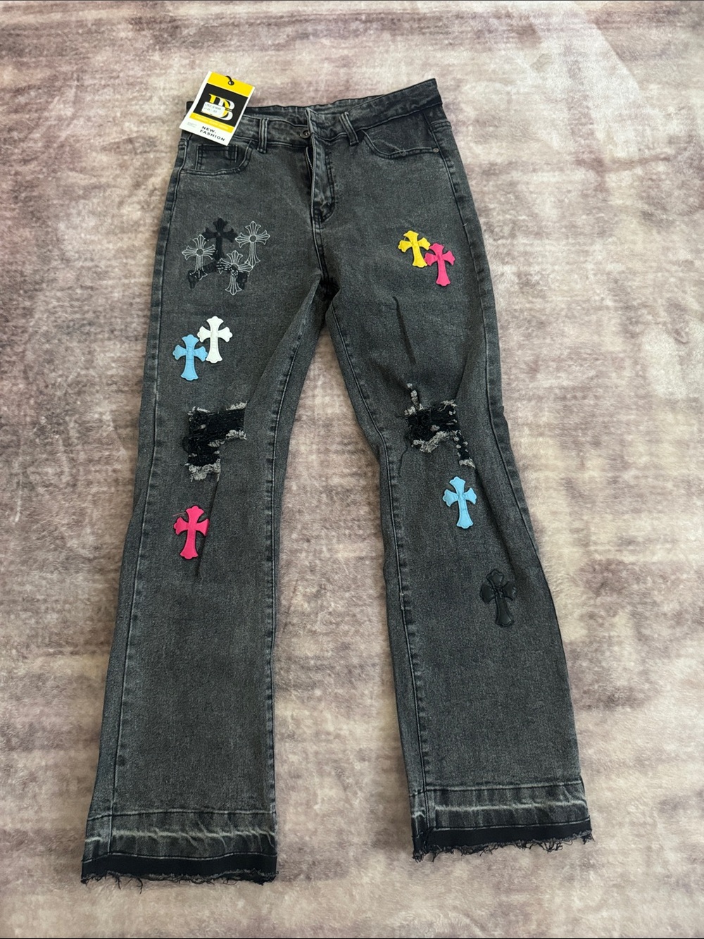 fashion denim flare jeans with cross patches